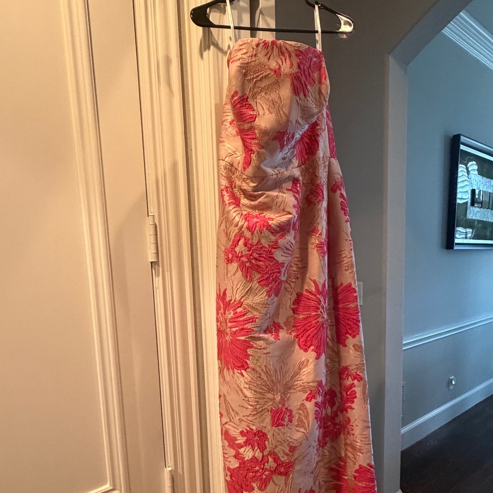 Alfred Sung pink multi hibiscus metallic floral jacquard strapless column gown - Picture 6 of 8